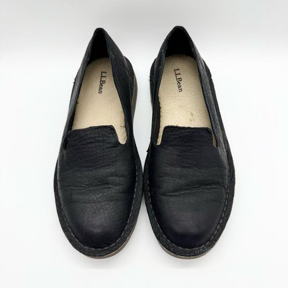L.L. Bean Stonington Black Leather Slip On Flat Loafers Size 8.5 Minimal Office - Picture 6 of 12